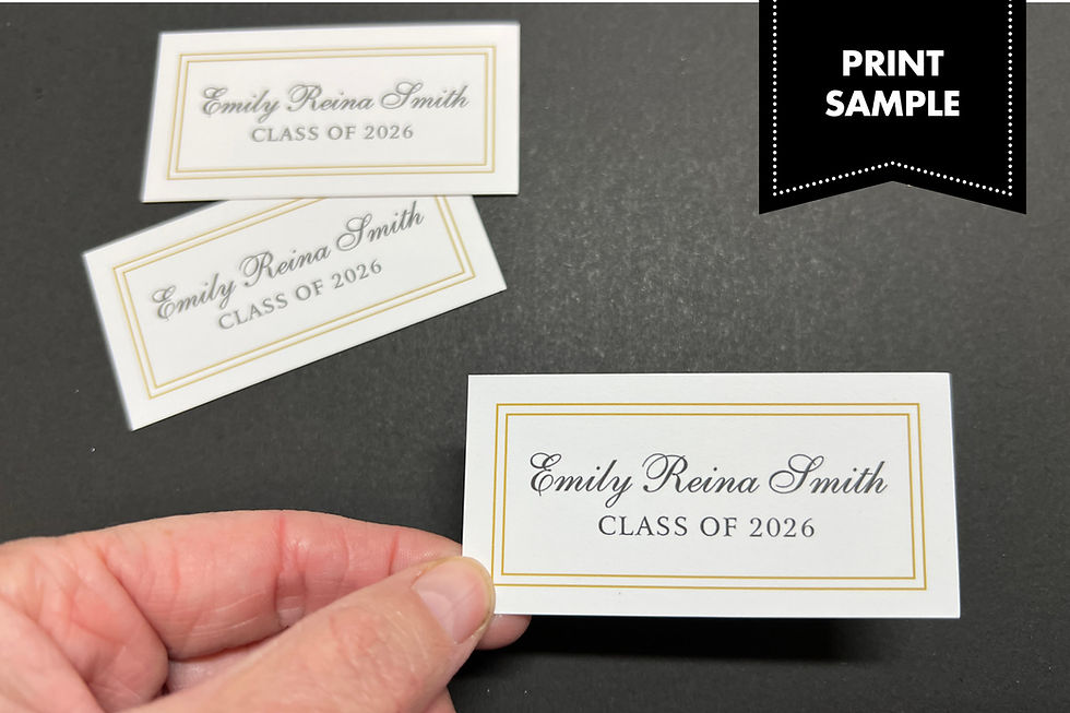 Thumbnail: Printed sample of graduation name card, held up for size reference (1.5x3")