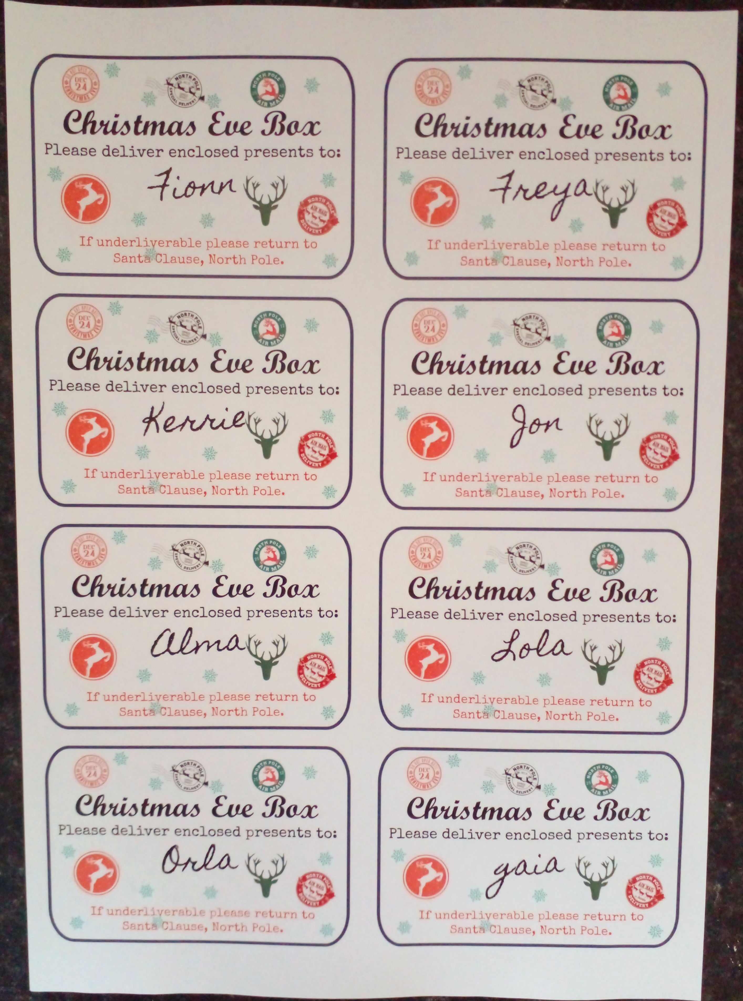 Christmas Eve Box Labels