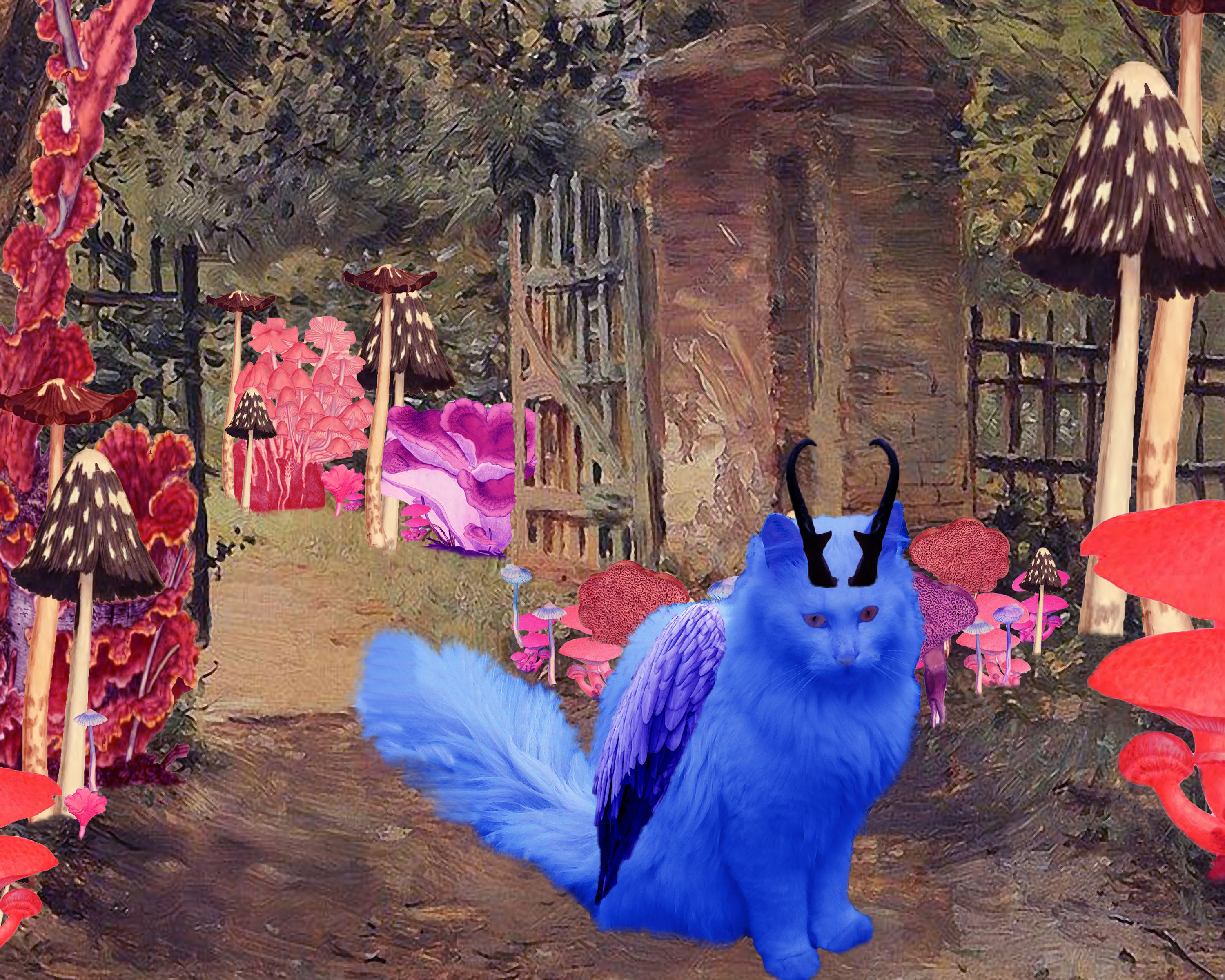 Horned Gargoyle Kitty Cat in the Mushroom Wonderland Garden