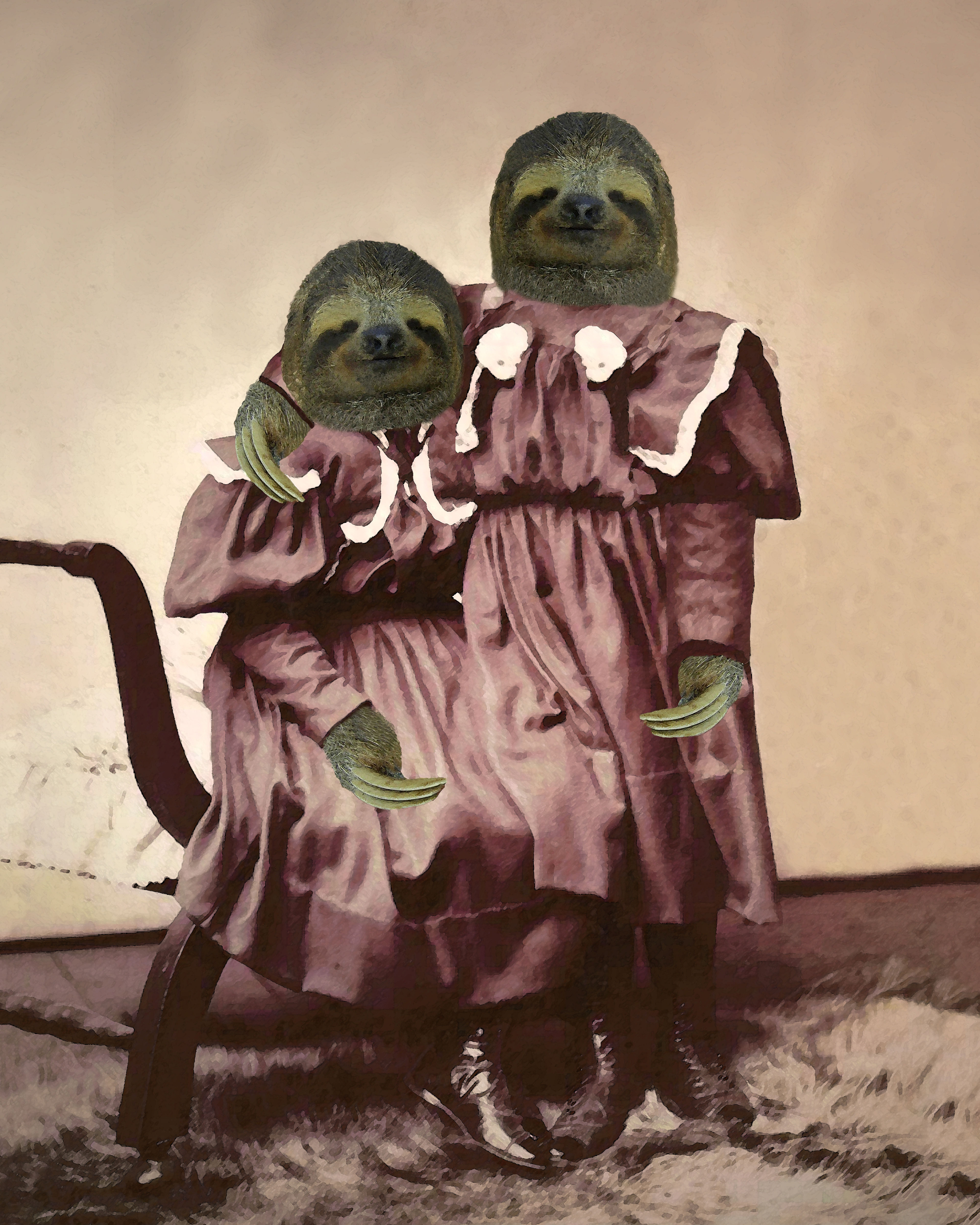 Sloth Sisters as Victorian anthro art portrait photograph in sepia