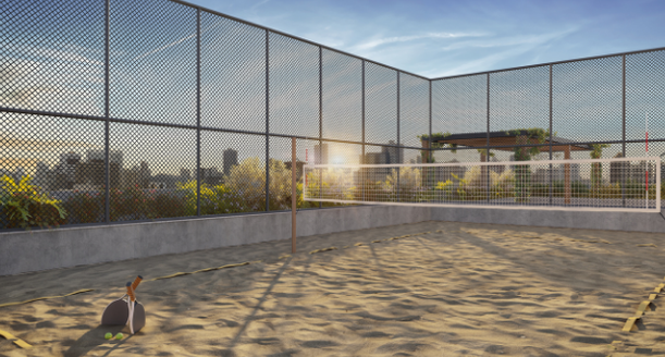Quadra de areia para beach tennis instalada na área esportiva do residencial Casa Orizon.