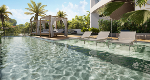 Piscina de alto padrão com design moderno na área de lazer do Casa Orizon Recife.