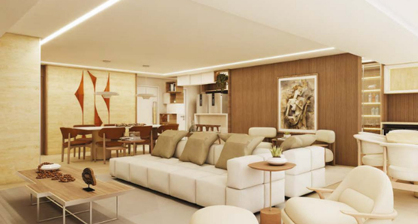 Living room sofisticado com acabamento premium no residencial Casa Mayor da Casa Orange.