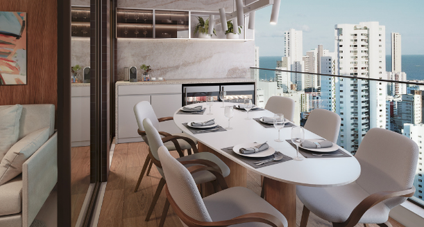 Varanda gourmet de alto padrão totalmente integrada à cozinha no residencial Alameda Jardins.