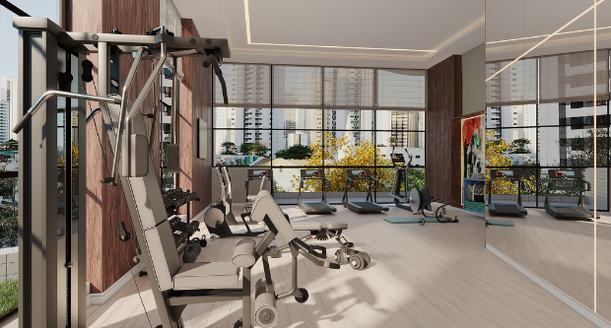 Espaço Fitness interno climatizado com aparelhos profissionais modernos no Alameda Jardins.