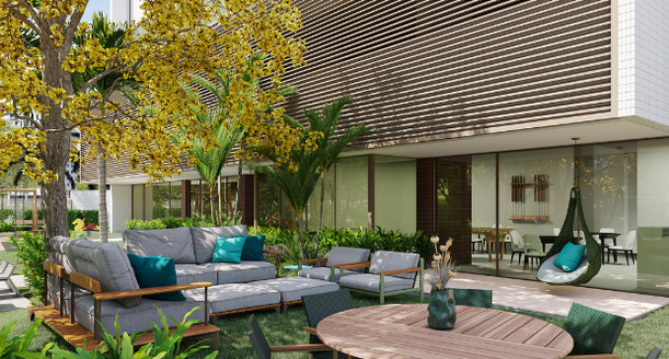 Lounge Relax mobiliado com decoração contemporânea no Edifício Alameda Jardins da IFP.