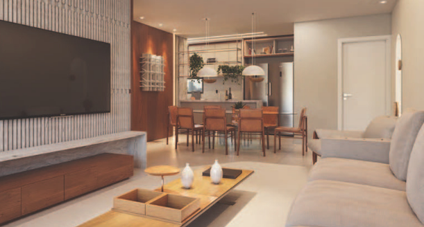 Living integrado com painel de TV planejado e grandes janelas de vidro para entrada de luz.