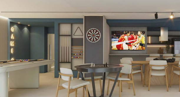Sports bar e salão de jogos equipado no condomínio Casa Mayor da Casa Orange.