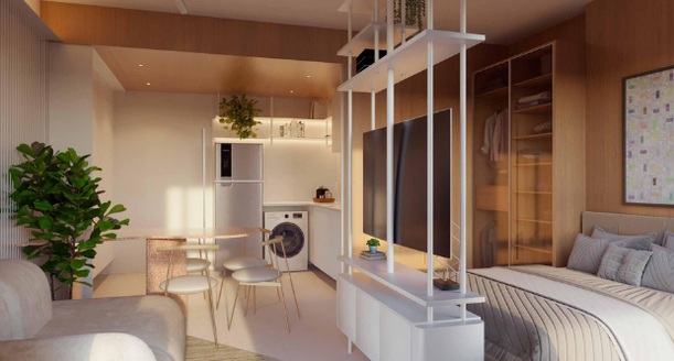 Segunda opção de planta baixa para unidade studio, exibindo layout diferenciado focado em funcionalidade, aproveitamento de espaço e conectividade.