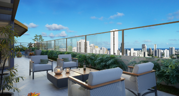 Terraço Lounge Garden decorado e mobiliado para convivência nas alturas no GB Square Rosarinho