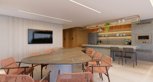 Espaço gourmet climatizado e moderno ideal para recepções no Edifício Casa Orizon.