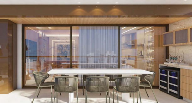 Varanda gourmet de alto padrão integrada à sala de estar no Edifício Casa Mayor Boa Viagem.