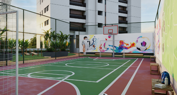 Campinho de futebol society e miniquadra poliesportiva na área de lazer do Alameda Jardins.