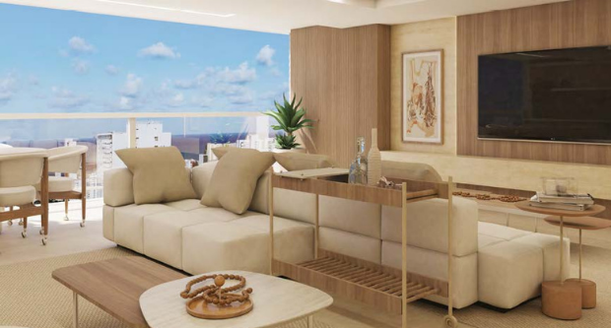 Sala de estar ampla integrada de apartamento com 164m² no Edifício Casa Mayor.