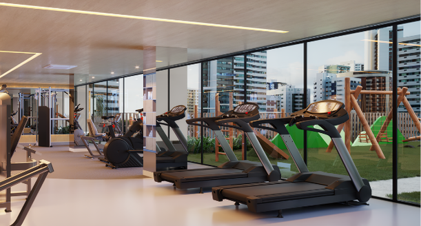 Espaço fitness e academia de alto padrão climatizada, equipada com esteiras, bicicletas e aparelhos modernos para musculação.