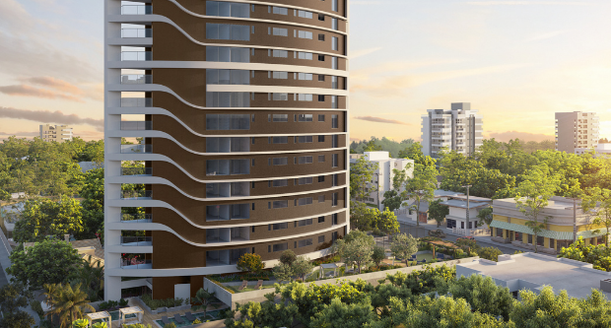Fachada com arquitetura imponente do Edifício Casa Orizon da Casa Orange em Boa Viagem.