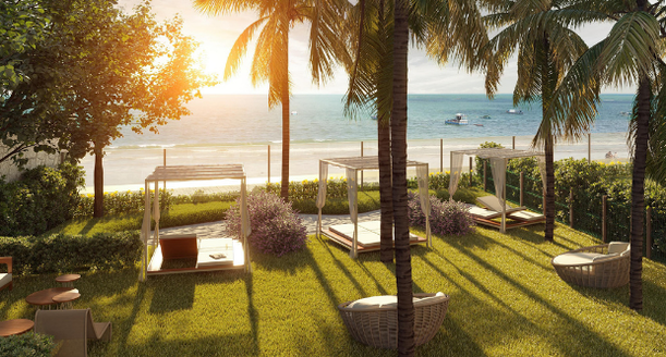 Espaço de convivência lounge beira-mar com sofás confortáveis externos, decoração contemporânea e vista panorâmica para a praia de Piedade.