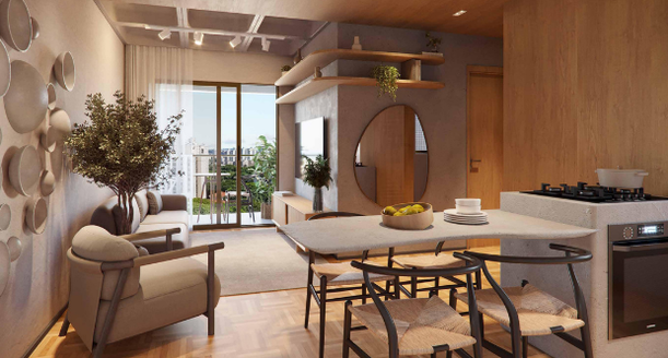 Interior de apartamento com 2 quartos, exibindo sala integrada à cozinha em conceito aberto, piso em porcelanato e ampla iluminação natural da varanda.