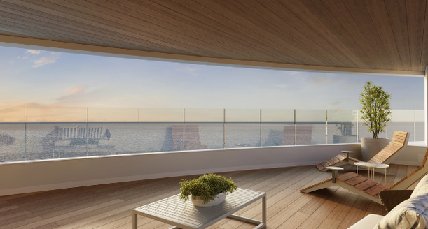 Lounge de luxo no rooftop sky garden com vista panorâmica para o mar no Casa Orizon.