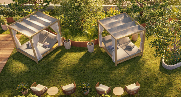 Lounge social mobiliado com decoração contemporânea e sofisticada no Casa Orizon.