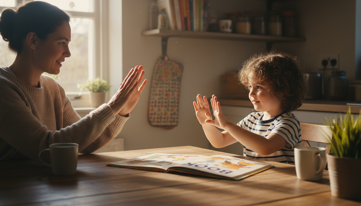 Eye-level view of a child learning a sign from an adult in a sunny kitchen