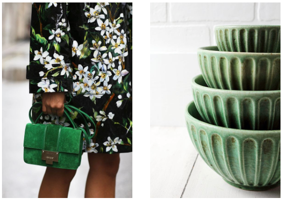 bolsa verde e bowls de cozinha verdes