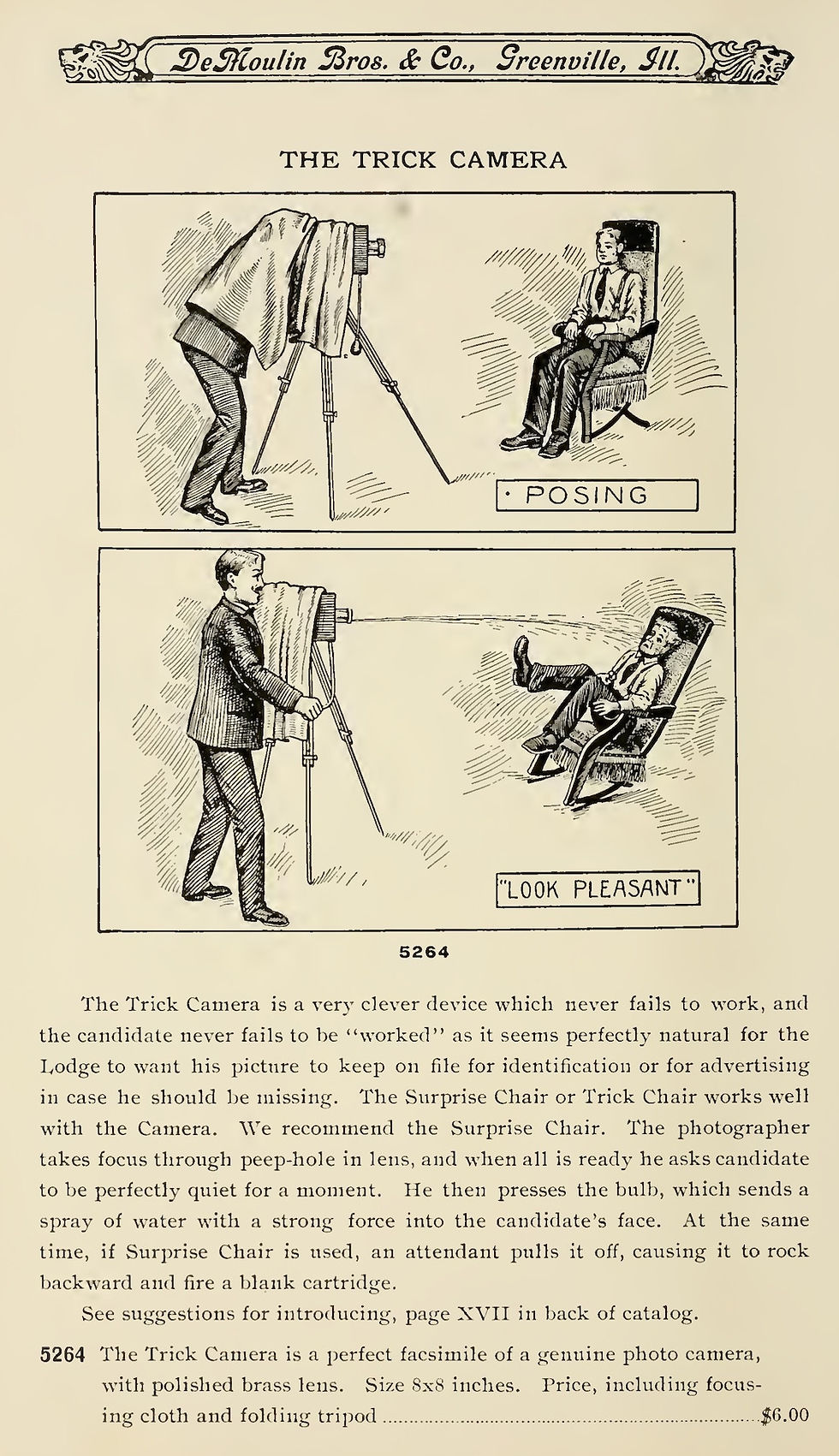 DeMoulin catalogue page showing the trick camera and surprise chair in use.