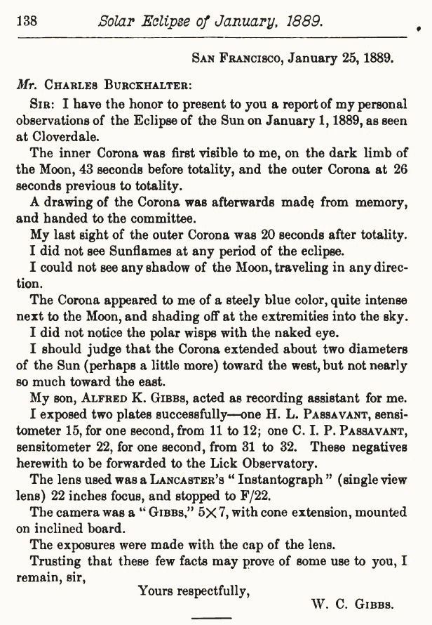 1889 note written by Gibbs describing using a camera of his own design to photograph the solar eclipse of January 25, 1889.