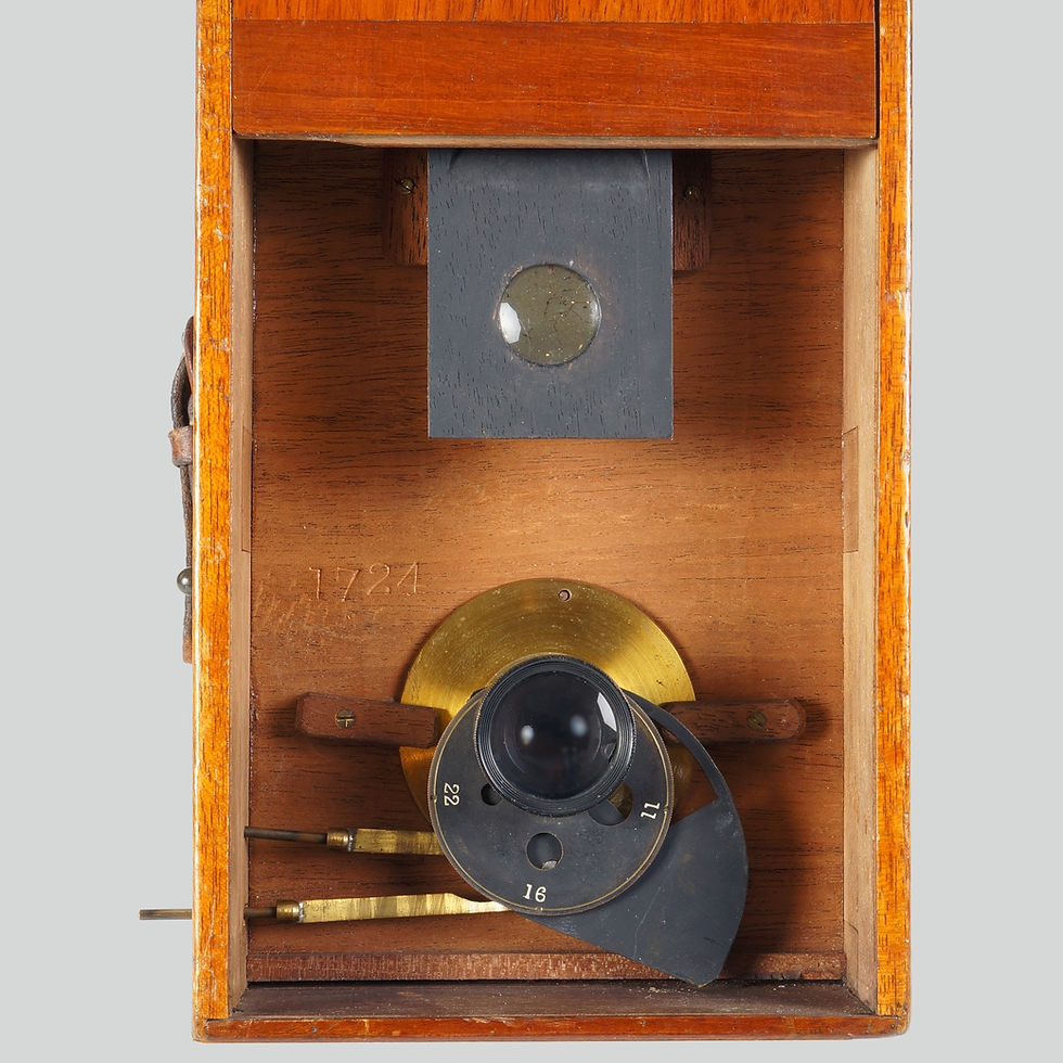 Facile camera with is front panel lifted showing the viewfinder, lens and simple sector shutter.