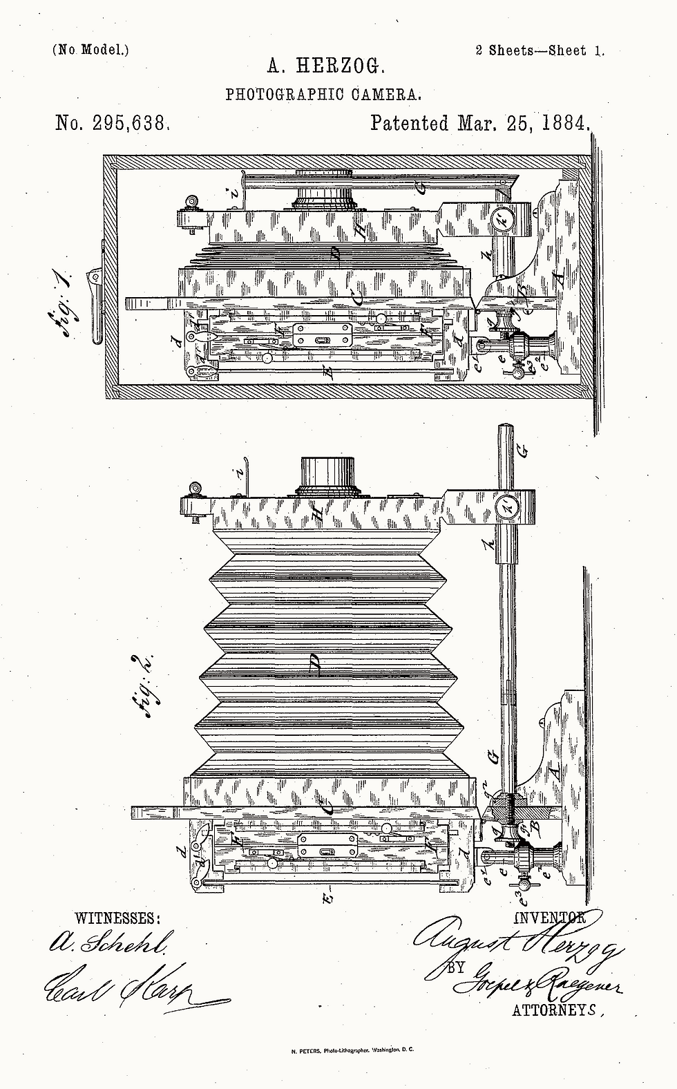 Patent illustration of Herzog's 1884 Photographic Camera.