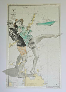 drawing portrait of a couple and their boat on a historic marine chart of Gove/Wessel Islands Australia