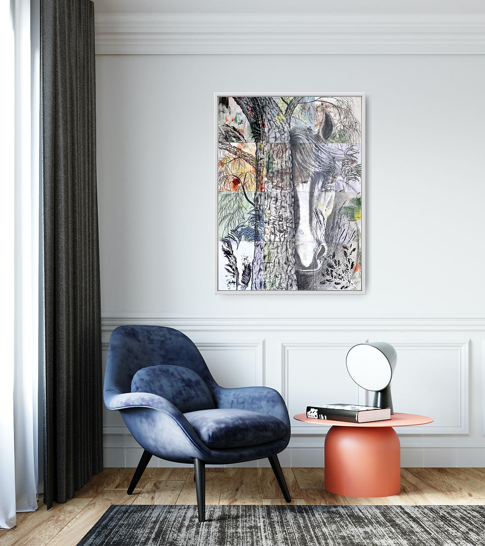 Thumbnail: Brumby wild horse and Corkwood tree abstract painting artwork leaves green orange white brown blue chair