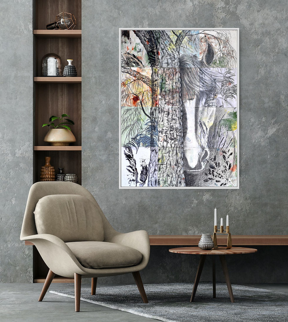 Thumbnail: Brumby wild horse and Corkwood tree abstract painting artwork leaves green orange white brown grey wall