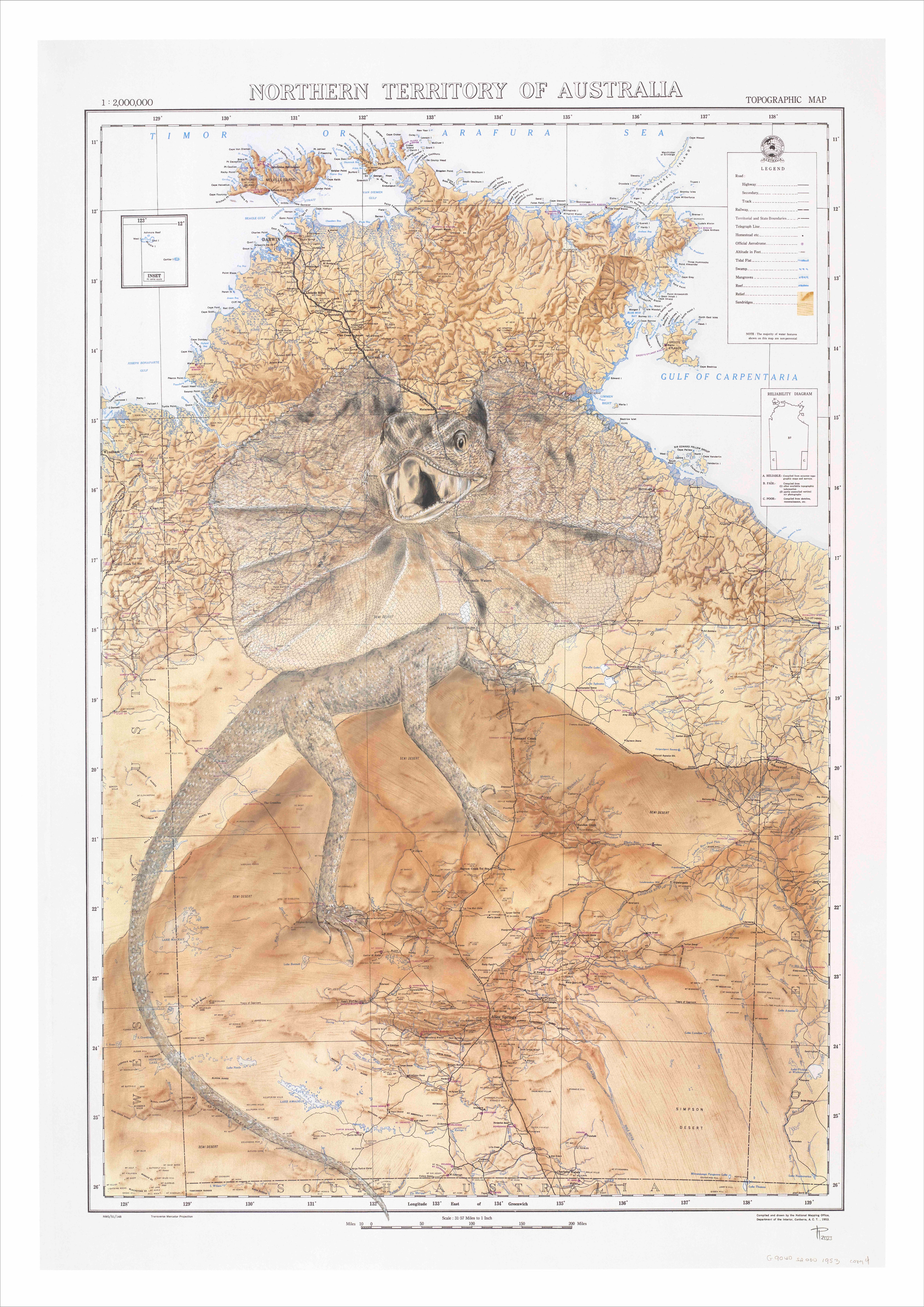 Frilled neck lizard artwork on a historic Northern Territory Australia map