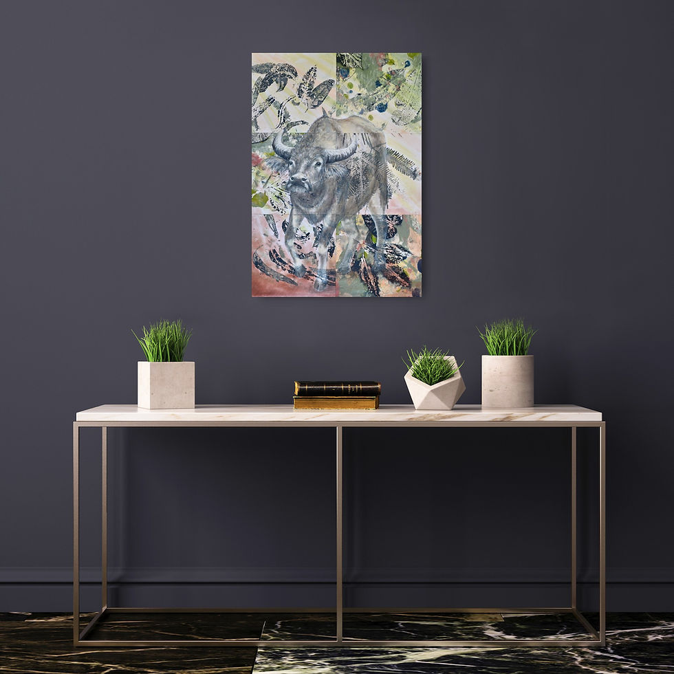 Thumbnail: buffalo artwork painting NT Australia bush leaves botanics abstract greens browns grey wall
