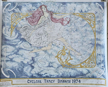drawing of a woman red hair clouds clyclone weather patterns on an old synoptic weather chart