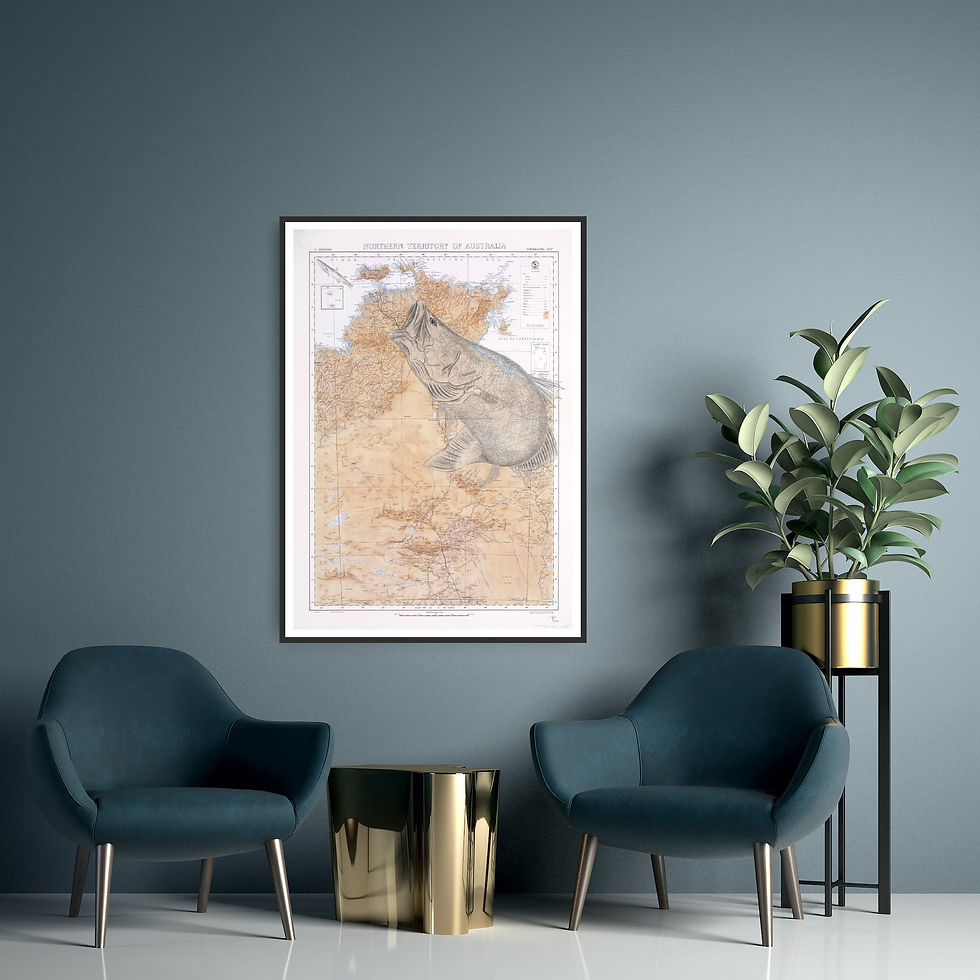 Thumbnail: Barramundi artwork on Historic Northern Territory Australia Map with blue chairs