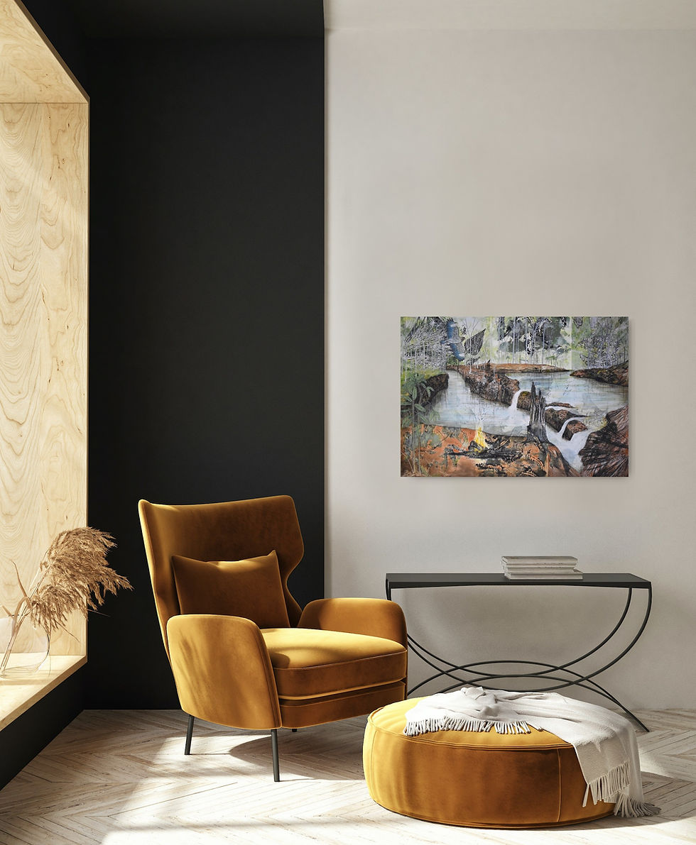 Thumbnail: Giddy River Nhulunbuy Gove abstract painting artwork pastels acrylics river trees campfire greens orange white wall