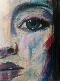 Lady's face drawn in mixed media on top of maps pasted on canvas