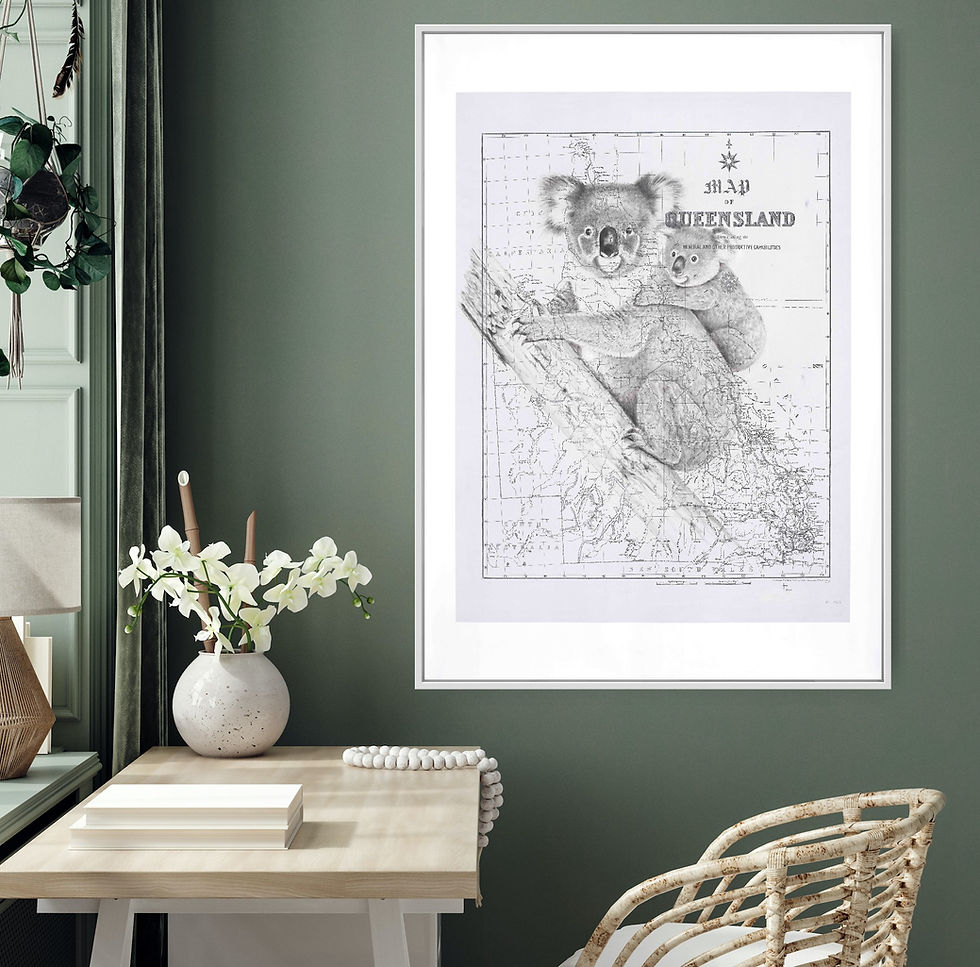 Thumbnail: Koala and baby original artwork on a historic Queensland map on green wall