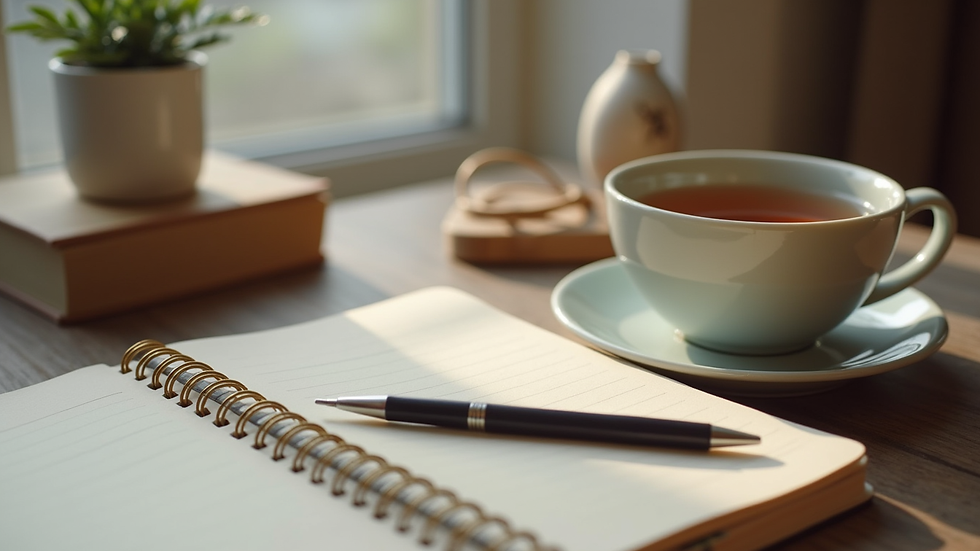 Close-up view of a cozy home workspace with a notebook and a cup of tea