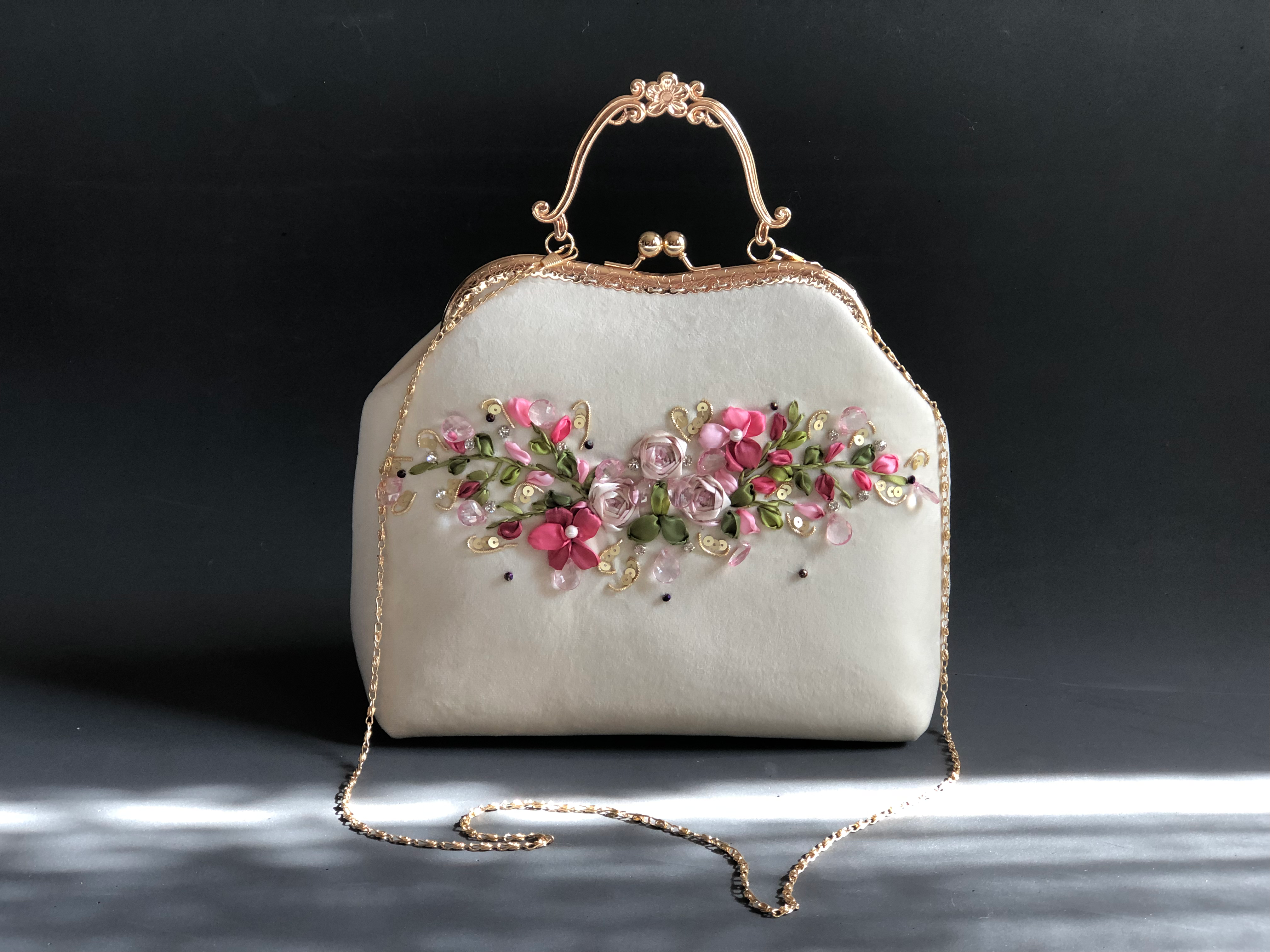 Hand-Embroidered Cream Velvet Bag – Jewel & Ribbon Embroidery