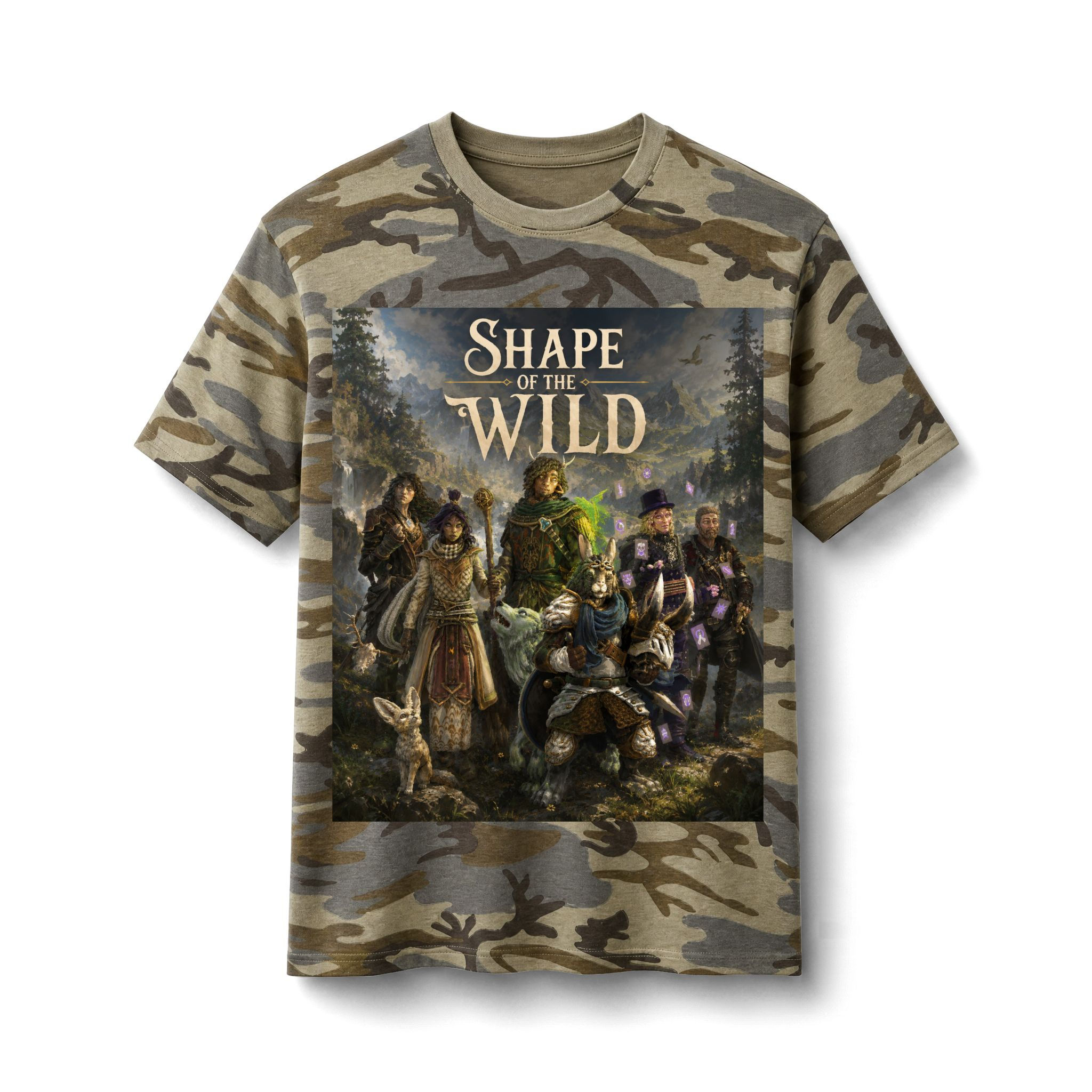 Shape of the Wild Camo Tee — Fantasy RPG Character Art T‑Shirt