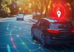 A black car on a sunlit road with red GPS marker above. Futuristic digital map lines are visible on the road surface.
