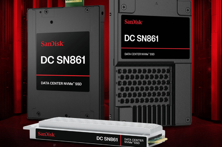 Three SanDisk DC SN861 data center NVMe SSDs on a red background, showing black labels and the text DC SN861 and DATA CENTER NVMe SSD