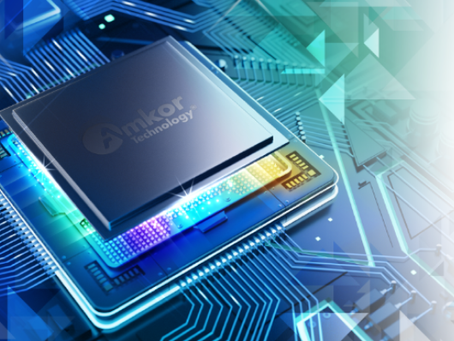 Amkor Technology chip on a glowing blue circuit board with neon rainbow accents and a futuristic tech background