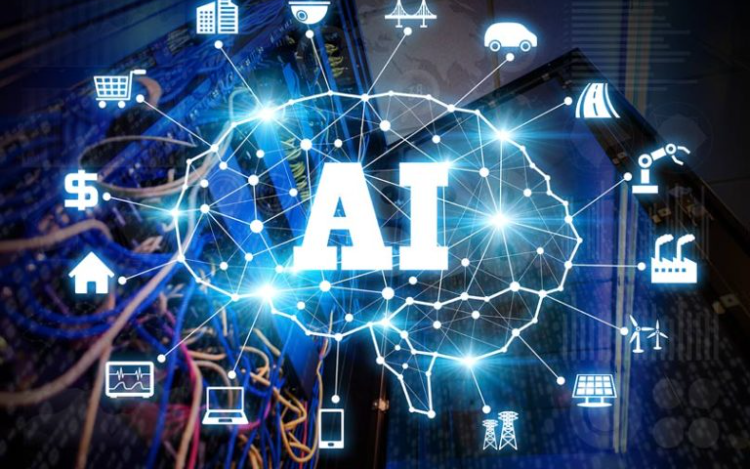 Glowing AI brain network over server hardware, with tech icons and blue data cables, suggesting a futuristic digital system