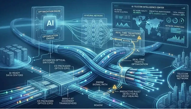 Futuristic AI telecom network diagram with glowing fiber cables, data centers, maps, and labels for optimization and self-healing