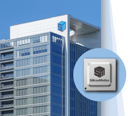 Modern glass office building with a Silicon Motion chip logo overlay against a clear blue sky