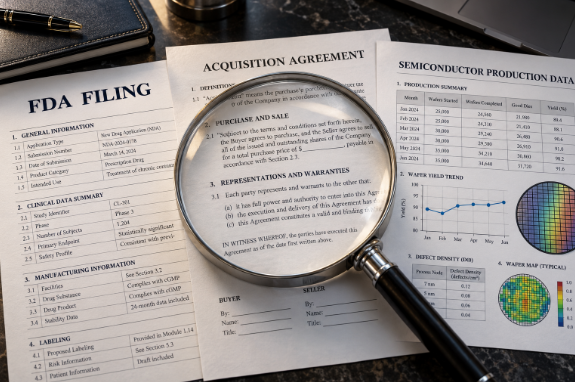 Magnifying glass over acquisition agreement on desk, flanked by FDA filing and semiconductor production data sheets with charts.